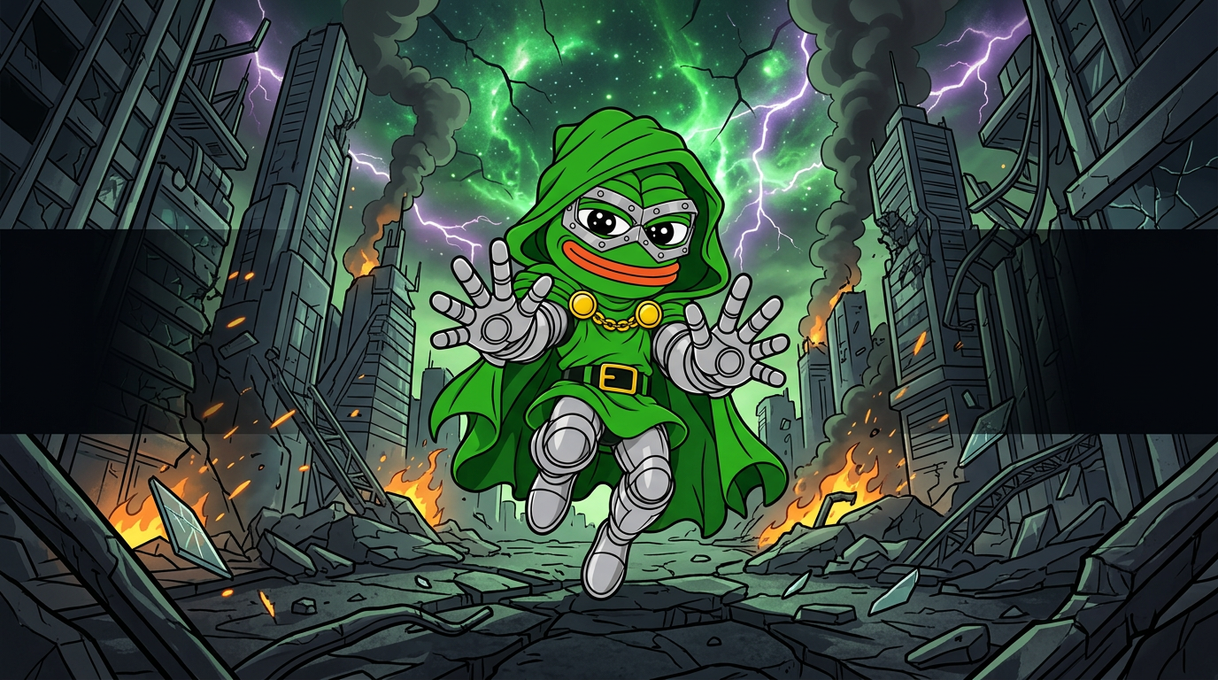 Pepe Doom standing in a destroyed futuristic city under a cracked green sky