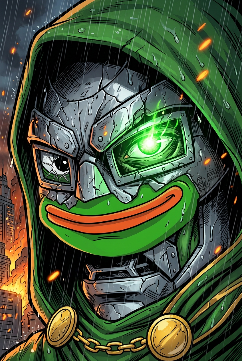 Chapter 35 — One Eye Still Burning: The mask is cracked now. Behind it, one green eye — proof that doomsday could dent him but never close him.