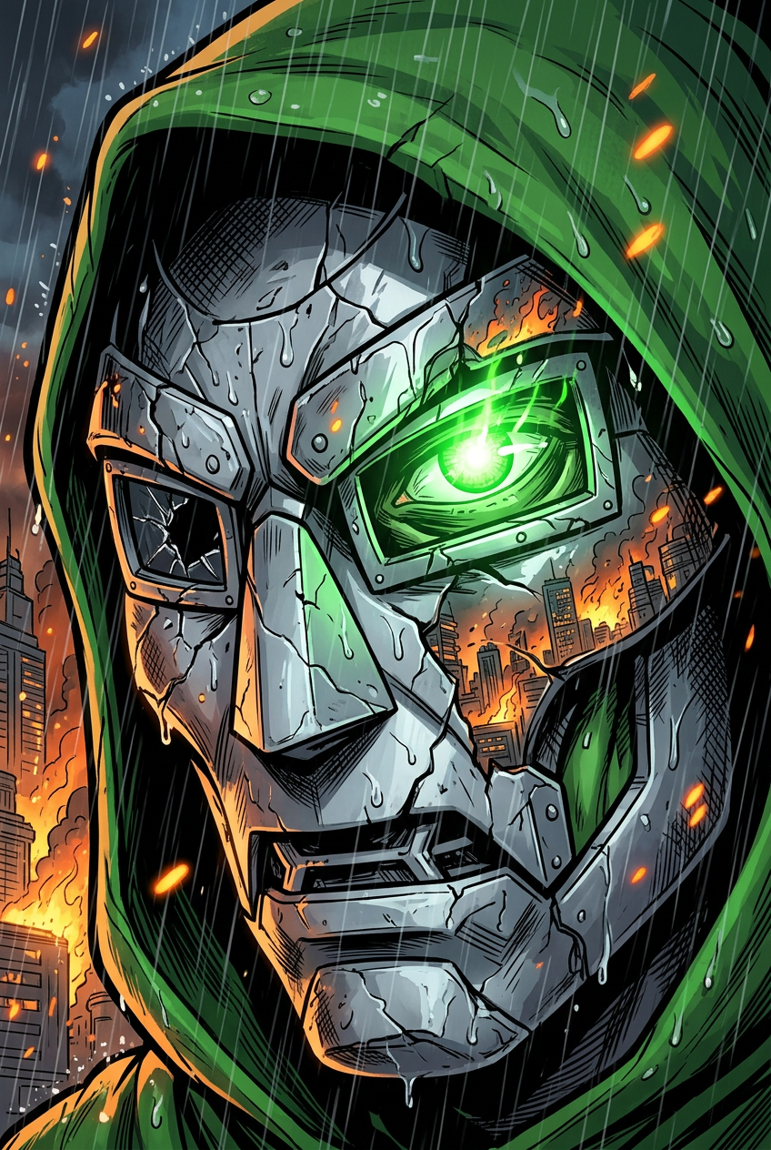 Chapter 35 — One Eye Still Burning: The mask is cracked now. Behind it, one green eye — proof that doomsday could dent him but never close him.